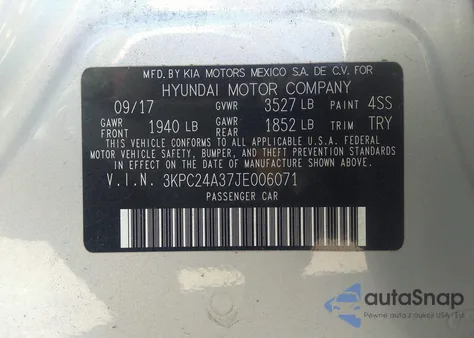 2018 Hyundai Accent Se from USA, damaged, VIN 3KPC24A37JE006071